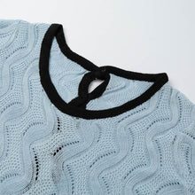 Women Knitted Sweater Tops Cable Buttoned Back Hollow Out Contrast Ribbed Trims Casual Sweaters And Pullovers Blue SM6