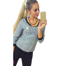 Women Knitted Sweater Tops Cable Buttoned Back Hollow Out Contrast Ribbed Trims Casual Sweaters And Pullovers Blue SM6