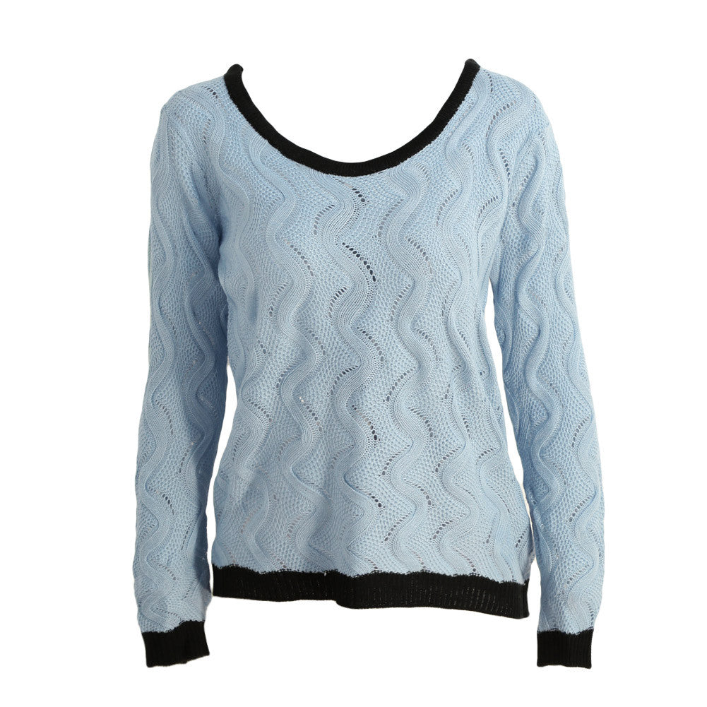 Women Knitted Sweater Tops Cable Buttoned Back Hollow Out Contrast Ribbed Trims Casual Sweaters And Pullovers Blue SM6