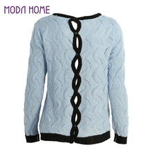 Women Knitted Sweater Tops Cable Buttoned Back Hollow Out Contrast Ribbed Trims Casual Sweaters And Pullovers Blue SM6