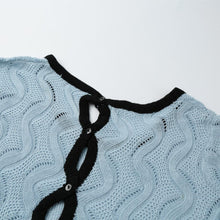 Women Knitted Sweater Tops Cable Buttoned Back Hollow Out Contrast Ribbed Trims Casual Sweaters And Pullovers Blue SM6
