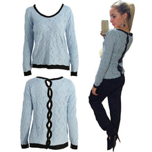 Women Knitted Sweater Tops Cable Buttoned Back Hollow Out Contrast Ribbed Trims Casual Sweaters And Pullovers Blue SM6