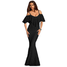 Floor Length Long Dress Elegant  Evening Floral Lace Party Dresses Sexy Black Ruffles Off Shoulder Dress SM6