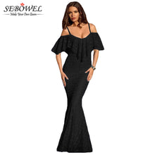 Floor Length Long Dress Elegant  Evening Floral Lace Party Dresses Sexy Black Ruffles Off Shoulder Dress SM6