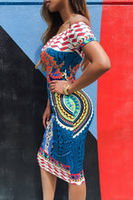 Folk Art Tribal African Print Dashiki Dress For Off Shoulder  Midi Dress Slash Neck Bodycon Short Party Dresses SM6