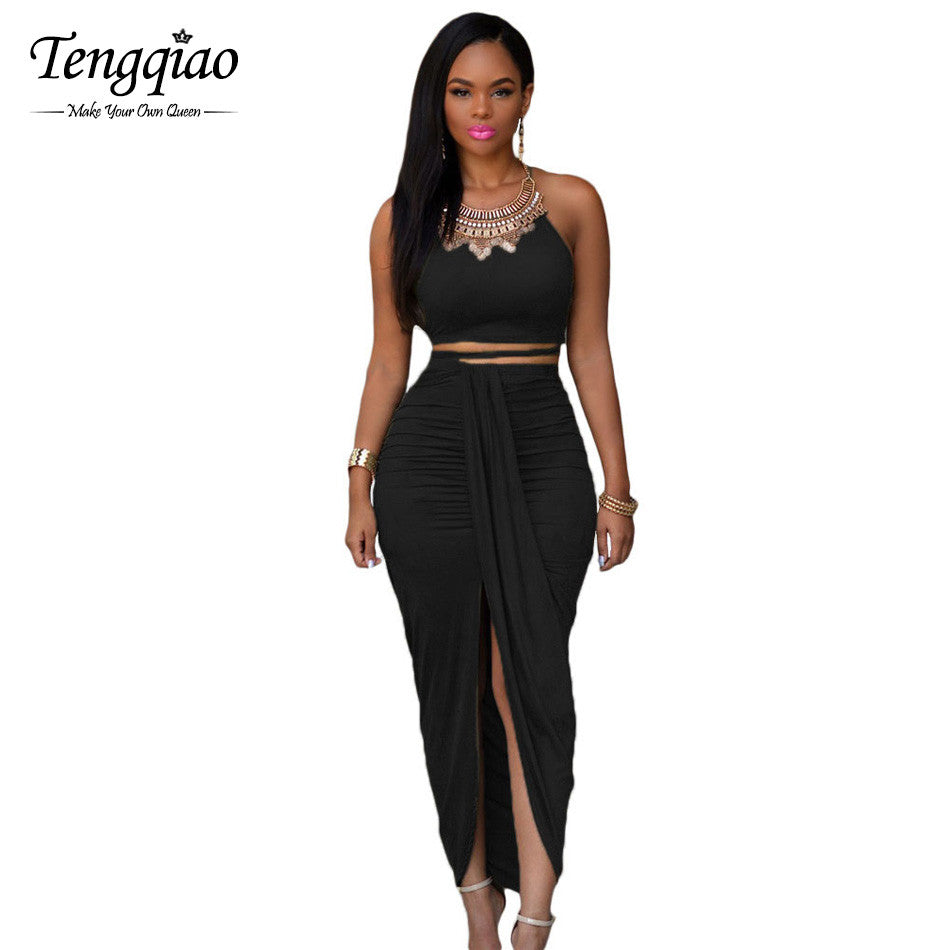 Front Split Suede 2 Piece Set Two Piece Outfits Sleeveless Asymmetrical  Maxi Dress Long Bodycon Bandage Dress SM6