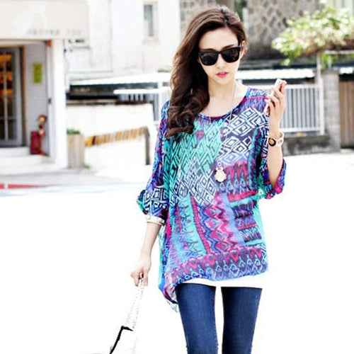 2016 Hot Sale Women Bohemian National Wind Shirt&Blouse Summer Batwing Sleeve Chiffon Shirt Tops Casual Geometric Print Blouse SM6