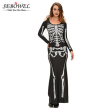Hu Skeleton Skull Print Dress Off Shoulder Halloween Costumes For Pleated Long Sleeve Bodycon Dress SM6