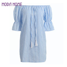 Korean Casual Sexy Women Dresses Blue Striped Off The Shoulder Half Sleeve Shirt Mini Dress Beach Dress Robe SM6