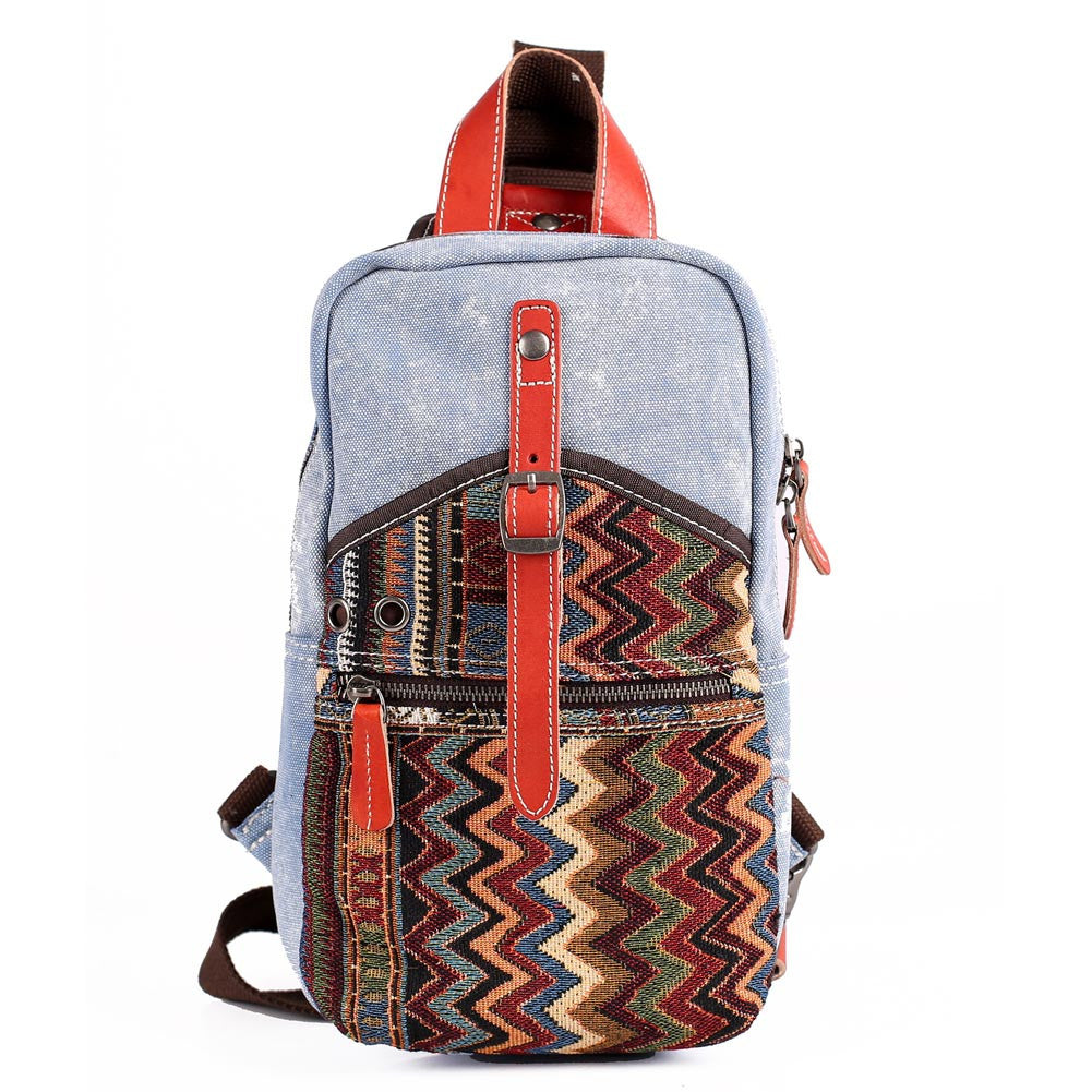 Korean Japan Vintage Women Men PU Leather Canvas Shoulder Bag Ethnic Embroidery Retro Small Crossbody Chest Bag Boho Bag SM6