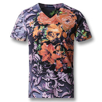 Men Short Sleeved T Shirts Men's Casual Slim Fit Large Size O Neck Floral T Shirts Camisa SM6