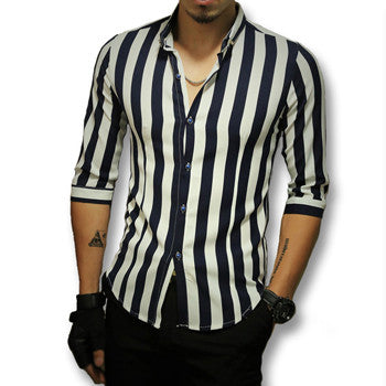 Tough Men Style Stripped Shirts Men's Casual Slim Fit Three Quarter Sleeve Length Shirts Camisa Masculina SM6