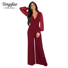 Mesh Long Sleeve Romper Red Wide Leg Jumpsuit Elegant Sexy Deep V Neck One Piece Rompers  Jumpsuit Long Pants 6650 SM6