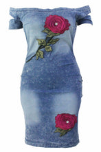 Rose Embroidered Denim Dress Jeans  Casual Off Shoulder Cute Dress For Wo SM6