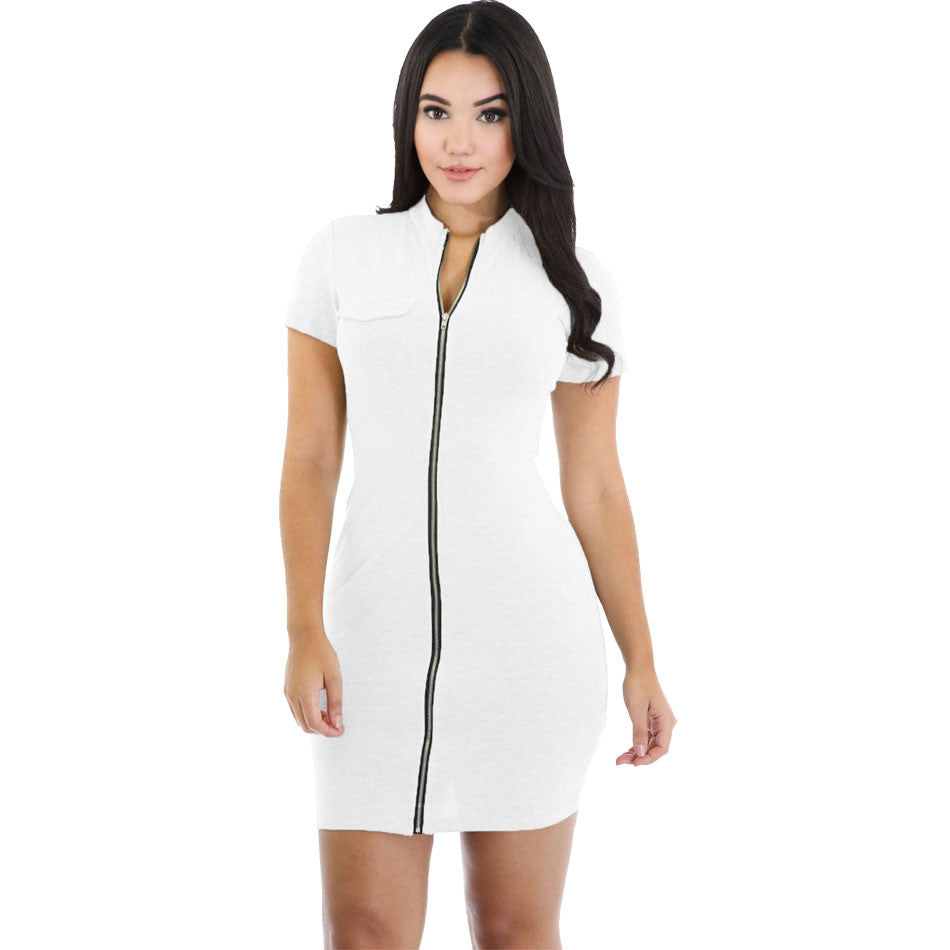 Dress Front Zip Mini Dress Night Sexy Club Wear Turtleneck Black Bodycon Dress With Short Sleeve SM6