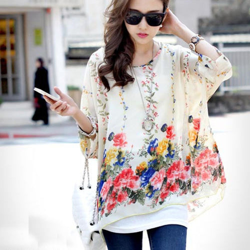 2016 New Bohemian Blouses Women Chiffon Tops Blusas Feminina Floral Print Batwing Sleeve Shirts Summer Casual Blouses Plus Size SM6