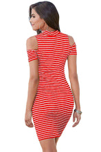 Cold Shoulder White And Red Striped Mini Dress Bodycon Elegant Dress  Casual Cute Dress Party Short SM6