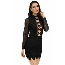 Style Lace Party Dress Short Mini Long Sleeve Bodycon Dress Black Hollow Out Sexy Dress Club Wear SM6