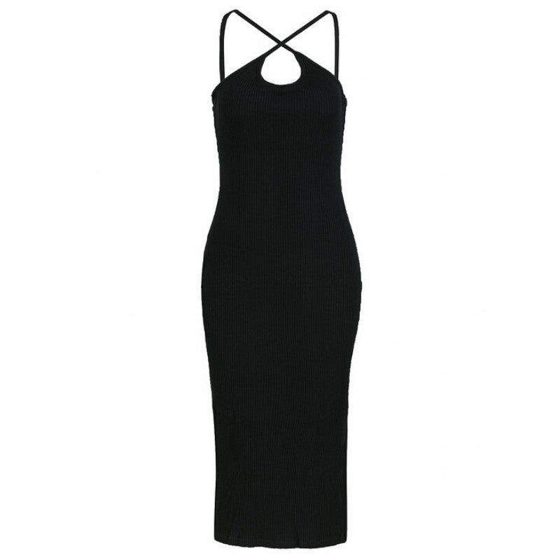 New Fashion Style Sexy Dress Women Tank Dress Black Side Split Sleeveless Dress Mid-Calf Dresses SM6