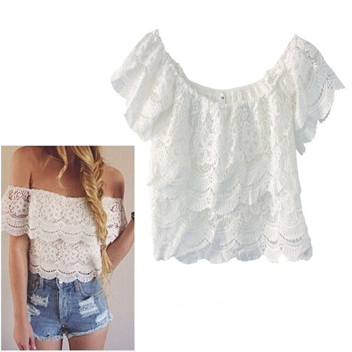 2016 New Sexy Lace Crochet Blusas Femininas Fashion Women Petal Sleeve Summer Shirt&Blouse Hot Sale Casual Short Shirts Tops SM6