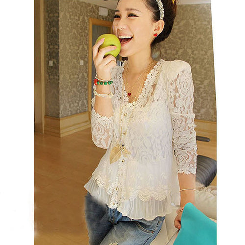 2016 New Spring Summer Women Lace Blusas LongSleeve V-neck Ladies Blouses Casual Chiffon Shirts Blouses Tops Camisas Femininas SM6