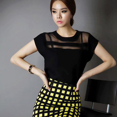 2016 New Summer Women Black Tulle Sheer Blouses Shirts Ladies Tops Chiffon Blouse Short Hollow Out M-XXL Plus Size Free Shipping SM6