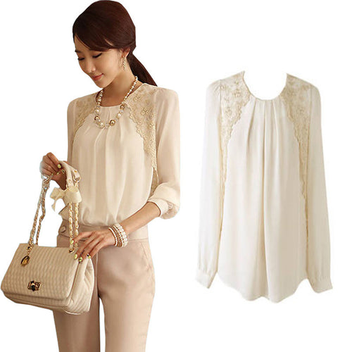 2016 New Women Casual Blouse Elegant OL Ladies' LongSleeve Work Chiffon Blouse Sheer Lace Tops Shirt Blouse White Free Shipping SM6