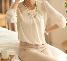 2016 New Women Casual Blouse Elegant OL Ladies' LongSleeve Work Chiffon Blouse Sheer Lace Tops Shirt Blouse White Free Shipping SM6