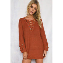 Women V Neck Knitted Sweater Striped Bandage Cross Ties Long Pullover Loose Casual Knitwear Ladies South Korea Clothing SM6