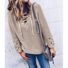 Women V Neck Knitted Sweater Striped Bandage Cross Ties Long Pullover Loose Casual Knitwear Ladies South Korea Clothing SM6