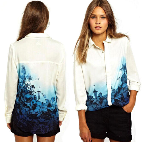 2016 New Women's Vintage Chiffon Blouse Hot Sale Gradient Blue Flower Printed Shirt Korean Version Turn Down Collar Blouse Women SM6