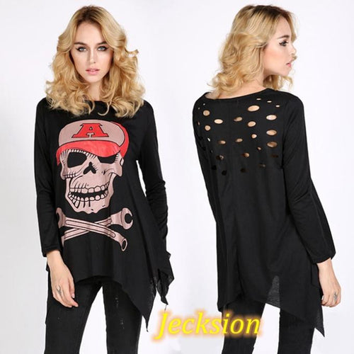 2016 Popular Fashion Womens Round Neck Long Sleeve Skull Design Tunic Loose Alice8 SM6