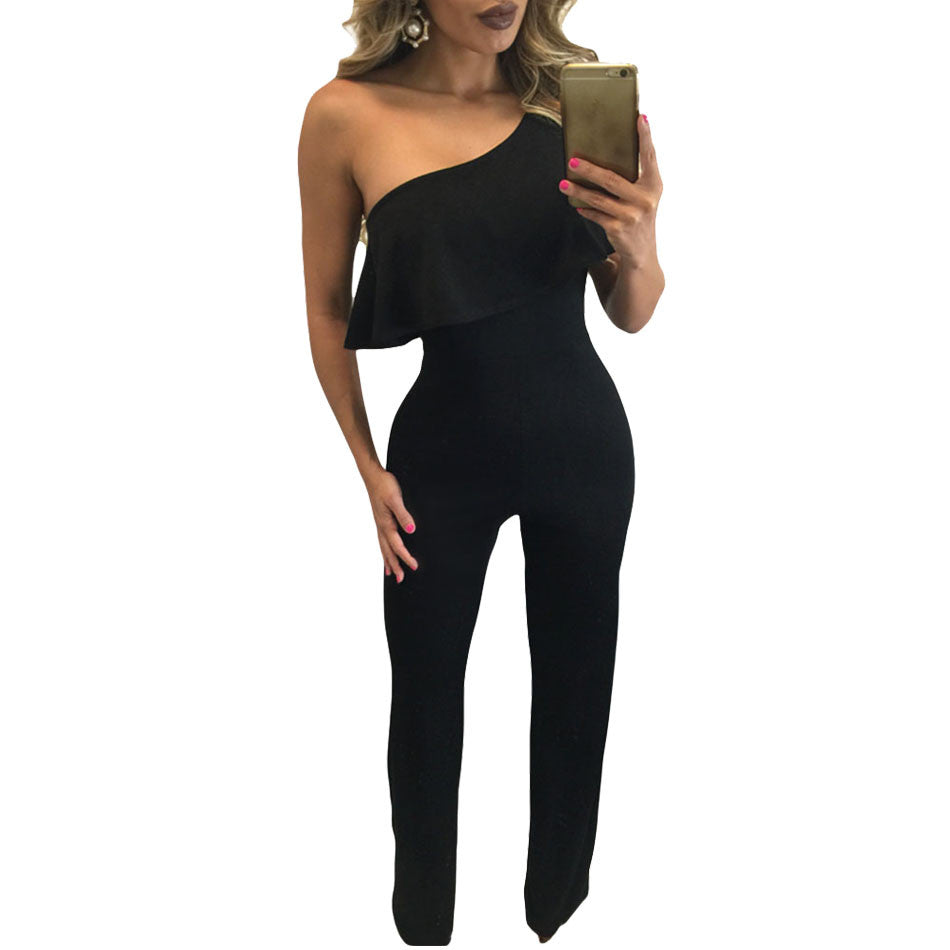 Ruffles One Shoulder Black Wide Leg Jumpsuits For Overalls Backless Romper Elegant Jumpsuit Long Pants SM6