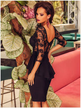 S Shaped Curve Floral Lace Half Sleeve Stitching Knee Length Peplum Dress Backless Hollow Out Club Party Sexy Bodycon Dress SM6