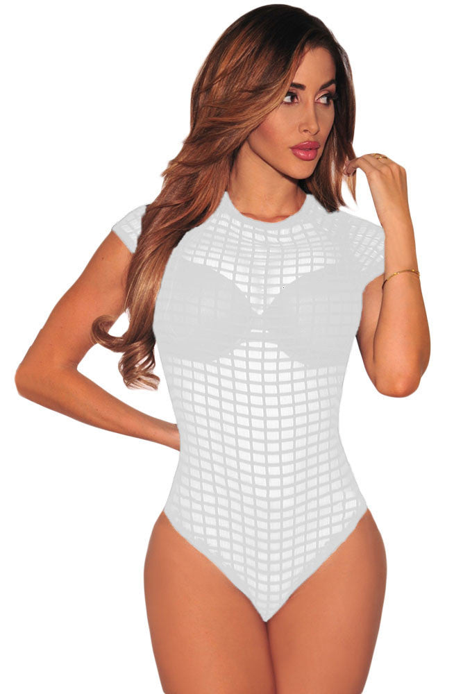 See Through Transparent Bodysuit Short Sleeve Black Plaid Sexy Rompers For  Turtleneck Bodycon Jumpsuit SM6