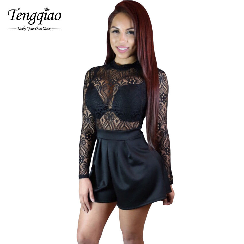 Sheer Lace One Piece Long Sleeve Jumpsuit Romper  Short Sexy Black Rompers For Sexy Club Jumpsuits Overalls SM6