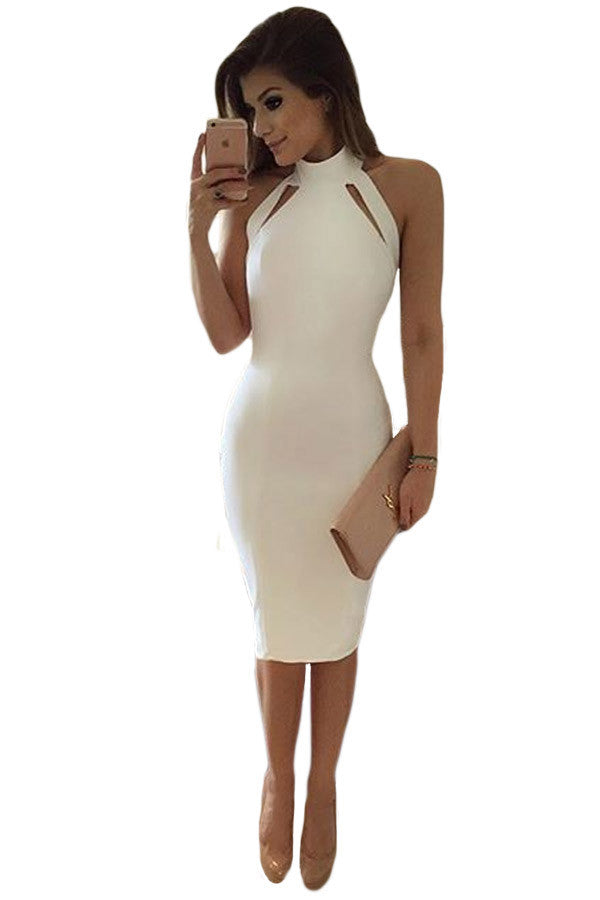 Solid Elegant White Midi Dress Sleeveless Turtleneck Bodycon Dress Club Sexy Off Shoulder Evening Short Party Dresses SM6