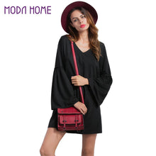 And Women Flare Sleeve Mini Dress Solid Color Dress V-Neck Long Sleeve A-Line Elegant Dress Black SM6