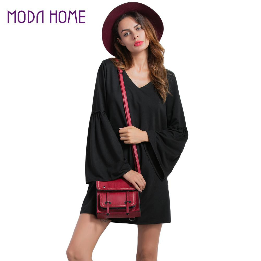 And Women Flare Sleeve Mini Dress Solid Color Dress V-Neck Long Sleeve A-Line Elegant Dress Black SM6