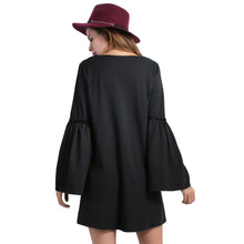 And Women Flare Sleeve Mini Dress Solid Color Dress V-Neck Long Sleeve A-Line Elegant Dress Black SM6