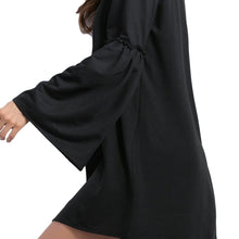 And Women Flare Sleeve Mini Dress Solid Color Dress V-Neck Long Sleeve A-Line Elegant Dress Black SM6