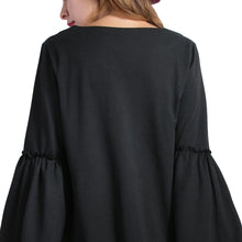 And Women Flare Sleeve Mini Dress Solid Color Dress V-Neck Long Sleeve A-Line Elegant Dress Black SM6