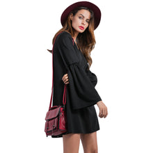 And Women Flare Sleeve Mini Dress Solid Color Dress V-Neck Long Sleeve A-Line Elegant Dress Black SM6
