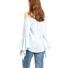 Slash Neck Blue Long Sleeve T Shirt Cotton Top Ruffles Sleeve Off The Shoulder Tops For Wo SM6