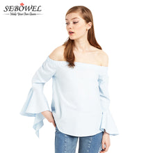 Slash Neck Blue Long Sleeve T Shirt Cotton Top Ruffles Sleeve Off The Shoulder Tops For Wo SM6
