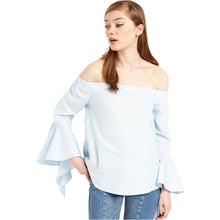 Slash Neck Blue Long Sleeve T Shirt Cotton Top Ruffles Sleeve Off The Shoulder Tops For Wo SM6