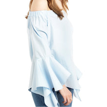 Slash Neck Blue Long Sleeve T Shirt Cotton Top Ruffles Sleeve Off The Shoulder Tops For Wo SM6