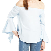 Slash Neck Blue Long Sleeve T Shirt Cotton Top Ruffles Sleeve Off The Shoulder Tops For Wo SM6