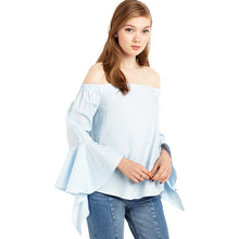 Slash Neck Blue Long Sleeve T Shirt Cotton Top Ruffles Sleeve Off The Shoulder Tops For Wo SM6