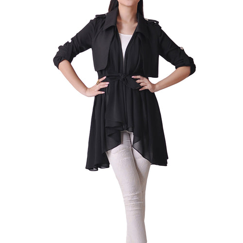 Casual Cardigan Women Chiffon Coat Long Sleeve Turn-down Collar Thin Outerwear Trench Coat with Belt SM6